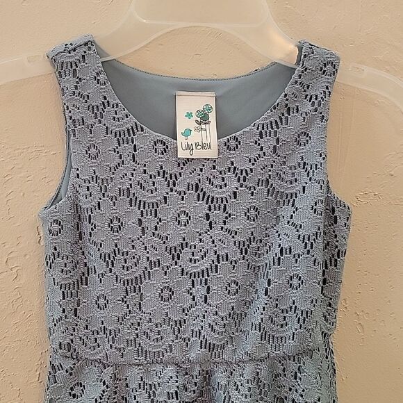 LULY BLEU DUSTY BLUE SLEEVELESS LACY FLORAL DRESS WITH CARDIGAN, SIZE 4 - Picture 3 of 8